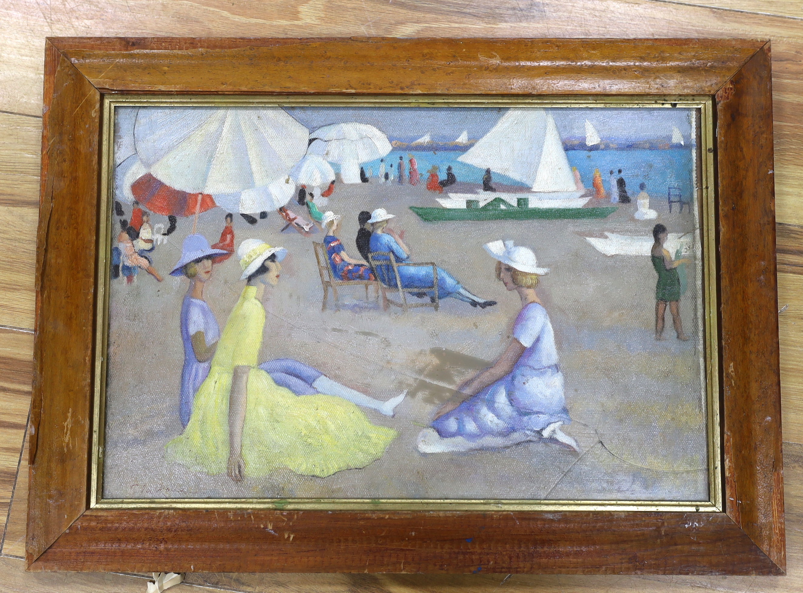 Oil on canvas board, Women on a beach, 28 x 42cm